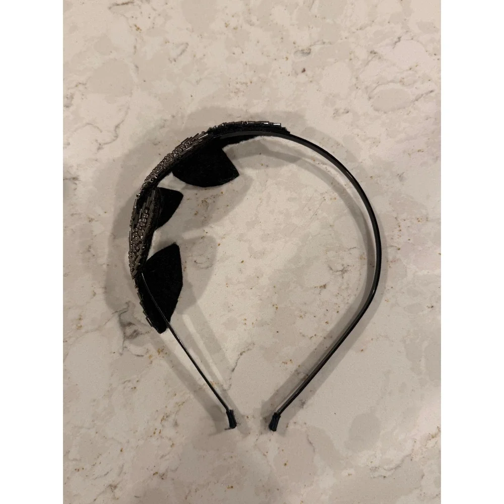 Black Beaded Leaf Headband Gunmetal Seed Bead Statement Hair Accessory Headpiece